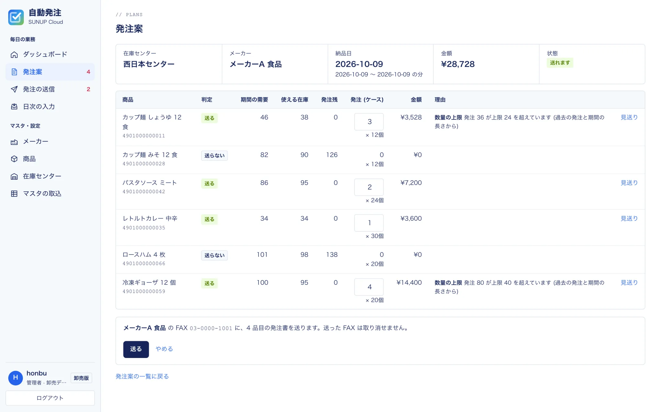 承認した発注案を、メーカーの FAX 番号に送る確認