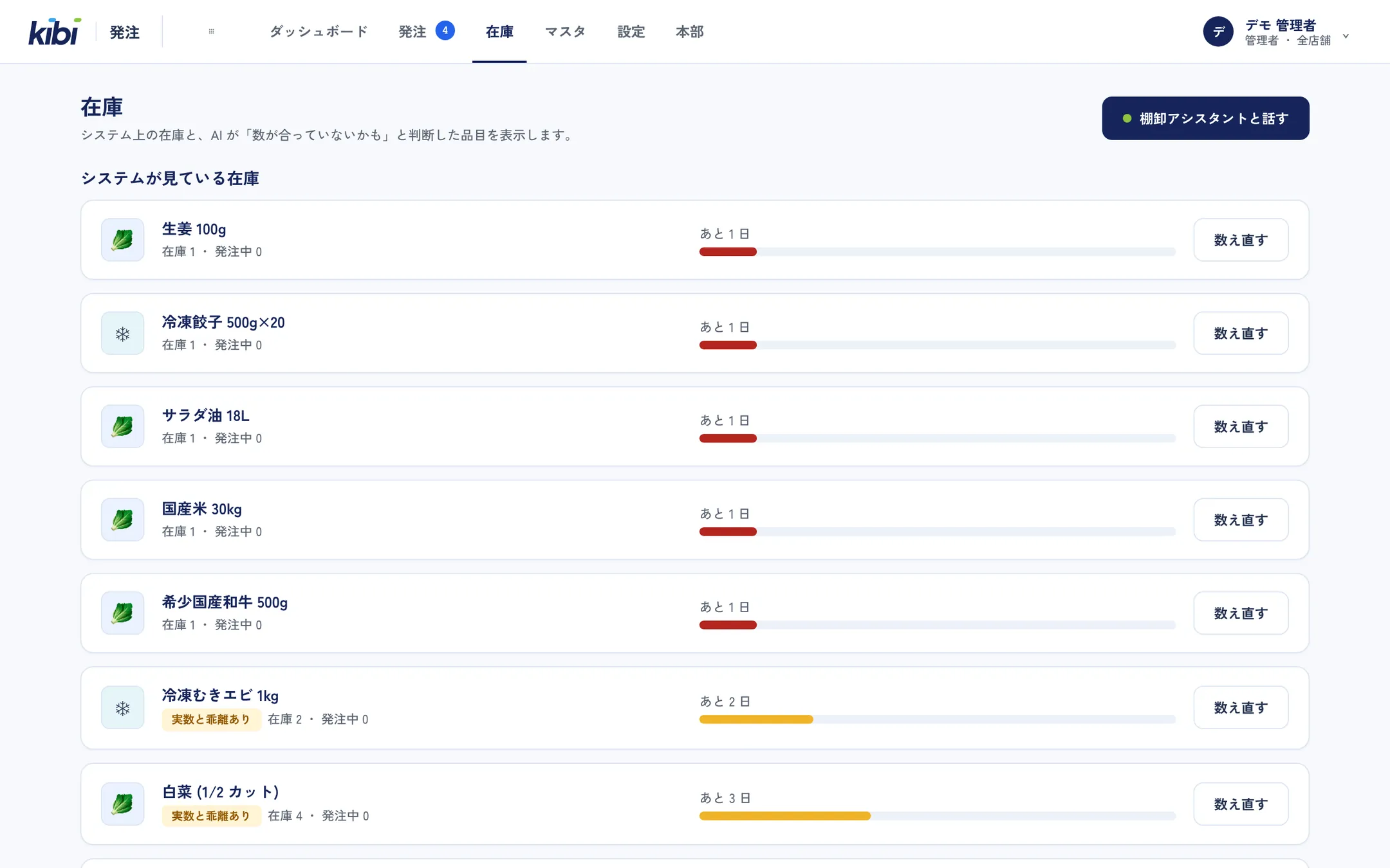 在庫。システムが見ている在庫と、あと何日もつか。数え直しと棚卸アシスタントへの入口