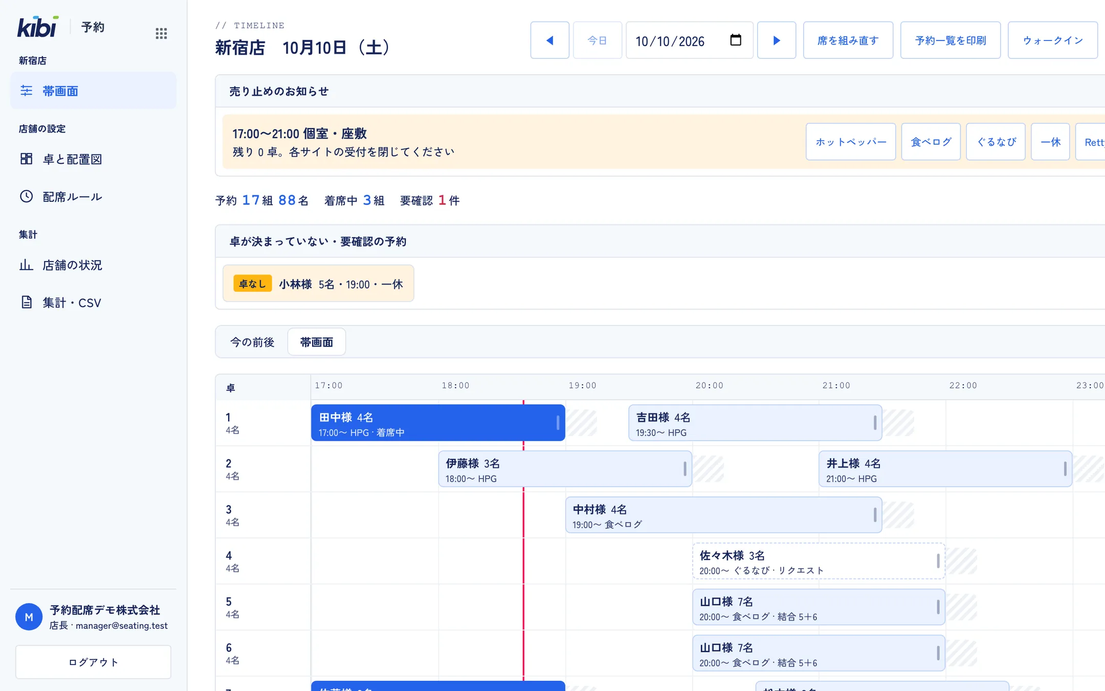売り止めのお知らせ。17:00〜21:00 の個室・座敷は残り 0 卓のため、各サイトの受付を閉じる案内と管理画面へのボタン